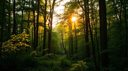 Fototapeta premium A golden hour forest landscape, filled with tranquil beauty and the soft glow of the setting sun casting warmth over the peaceful woods
