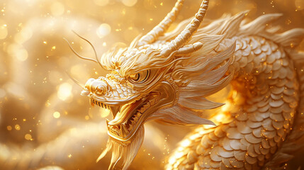 Golden dragon sculpture amidst a mystical golden background exuding an aura of power and majesty
