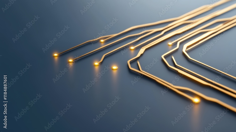 Poster close-up of golden circuit lines on dark surface, conceptualizing technology and innovation