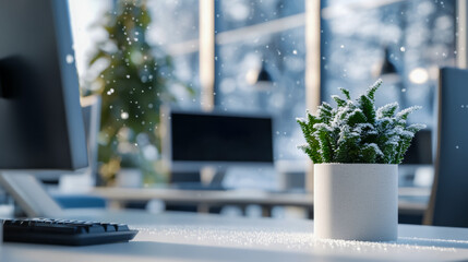 Winter office scene featuring a snowy desktop and a green plant in a pot near a computer