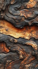 Abstract wood texture with swirling dark and light brown patterns.