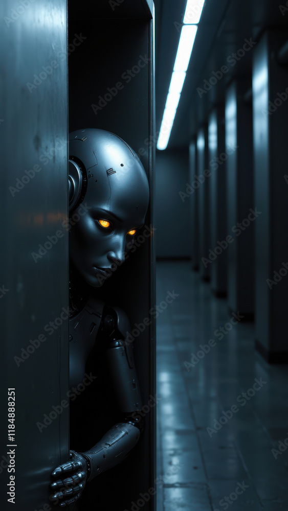 Poster ai-controlled robot peeking from behind an elevator.