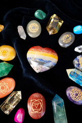 Healing crystals on brown background