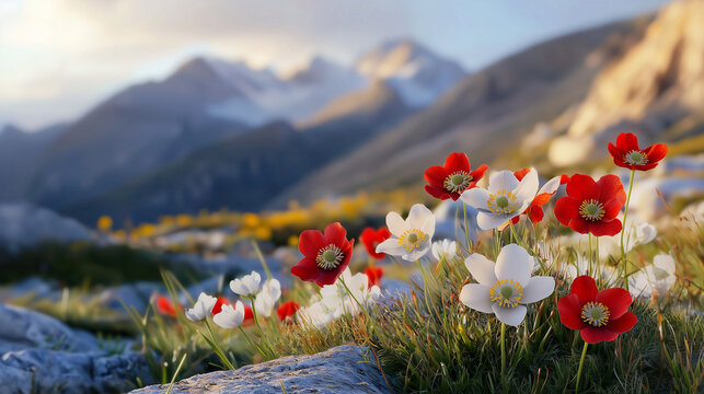 Peaceful spring meadow on Mount Olympus with delicate red and white anemones blooming under the soft sunlight, framed by ancient rock formations and distant peaks