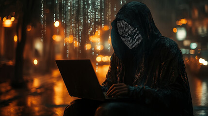 Mysterious hacker typing on laptop with binary code, cybercrime concept visualization