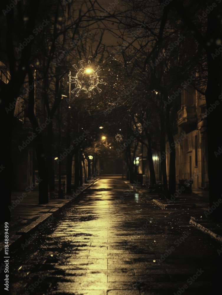 Aufkleber Urban street at night illuminated by soft lights with a symbolic virus motif reflected on wet pavement. Generative AI