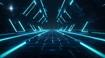 Futuristic corridor with glowing neon blue lights and reflective metallic surfaces creating a dynamic perspective