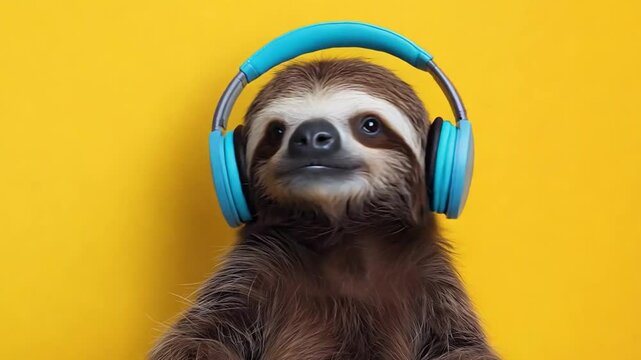 A charming sloth relaxes with headphones on, clearly enjoying the rhythm in a bright yellow environment that enhances its playful demeanor
