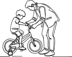 Father Teaching Son to Ride a Bicycle. Line Art Vector Design