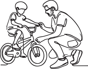 Father Teaching Son to Ride a Bicycle. Line Art Vector Design