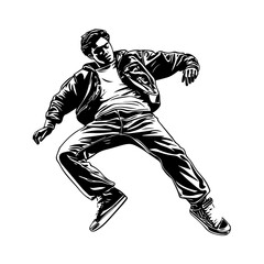 Fototapeta premium Silhouette of a young Asian man freestyle dancing at a wedding, wearing a stylish modern outfit like a graphic T-shirt, skinny jeans, and sneakers, full-body view from head to toe, solid black