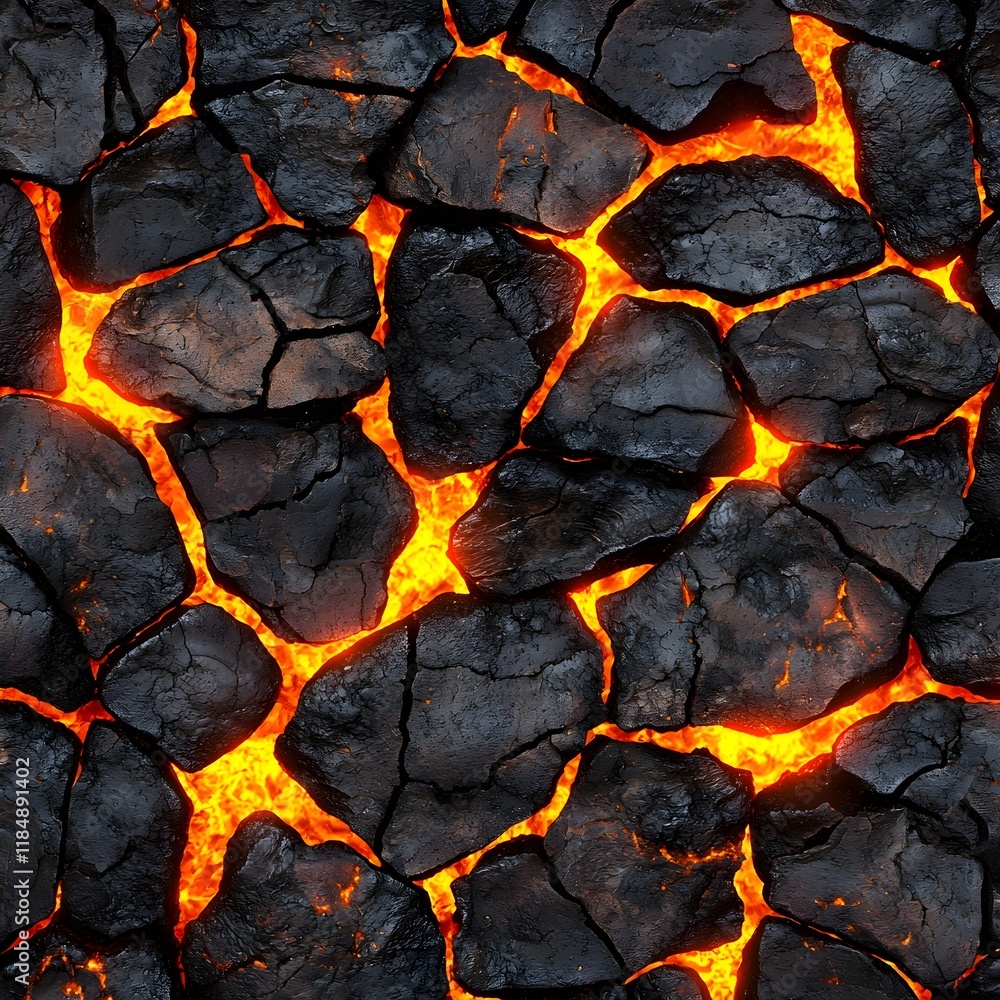 Aufkleber lava flows between dark volcanic rocks, creating a dynamic contrast of glowing orange and black text
