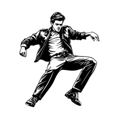 Naklejka premium Silhouette of a young Asian man freestyle dancing at a wedding, wearing a stylish modern outfit like a graphic T-shirt, skinny jeans, and sneakers, full-body view from head to toe, solid black