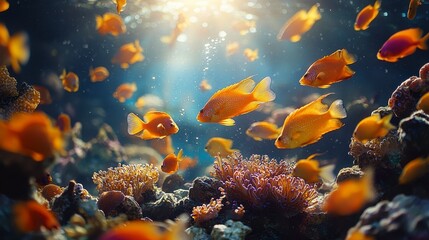 Naklejka premium Vibrant orange fish swim above a colorful coral reef in clear ocean water, sunlit scene.