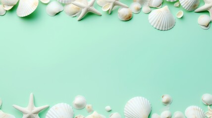 Obraz premium Beachside discovery of seashells coastal scene photography calm setting overhead view nature's treasures, pastel green background