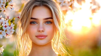 Fototapeta premium A young woman with long hair smiles softly amidst blooming cherry blossoms, illuminated by warm sunlight in a serene outdoor setting.