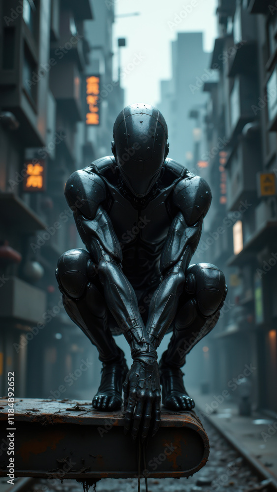Poster a highly advanced ai robot squatting on the edge of a rooftop in a futuristic cityscape with neon li
