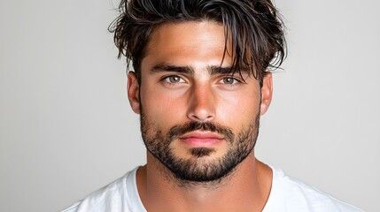 Obraz premium Young man with tousled hair and a beard, looking directly at the camera with a neutral expression against a light background.