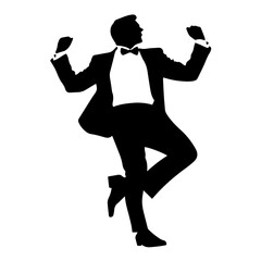 silhouette of a young Asian man having fun and acting lively at a wedding, wearing a tuxedo, full-body view from head to toe, solid black silhouette with no gradients, background is pure white