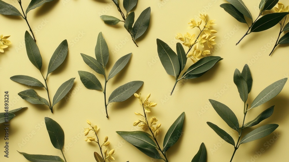 Poster delicate olive leaves and bright yellow flowers are thoughtfully arranged on a soothing pastel backd