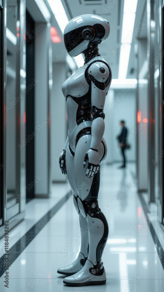 Poster robot standing alone in an office environment, awaiting its next directive or perhaps reflecting on 