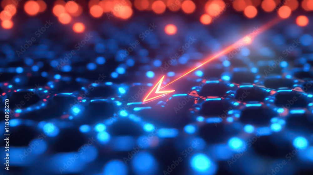 Leinwandbilder Abstract 3D rendering of a glowing red arrow pointing down on a dark blue and red hexagonal grid.
