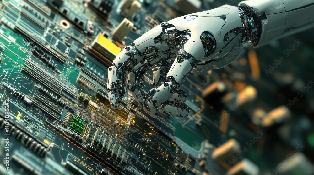 Poster robotic hand working on a motherboard, repairing integrated circuits and highlighting advanced techn