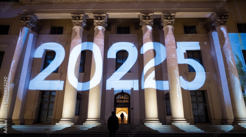 Poster a building facade illuminated with the year 