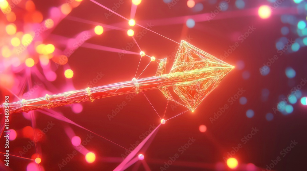 Poster abstract glowing arrowhead points right, network connections background.