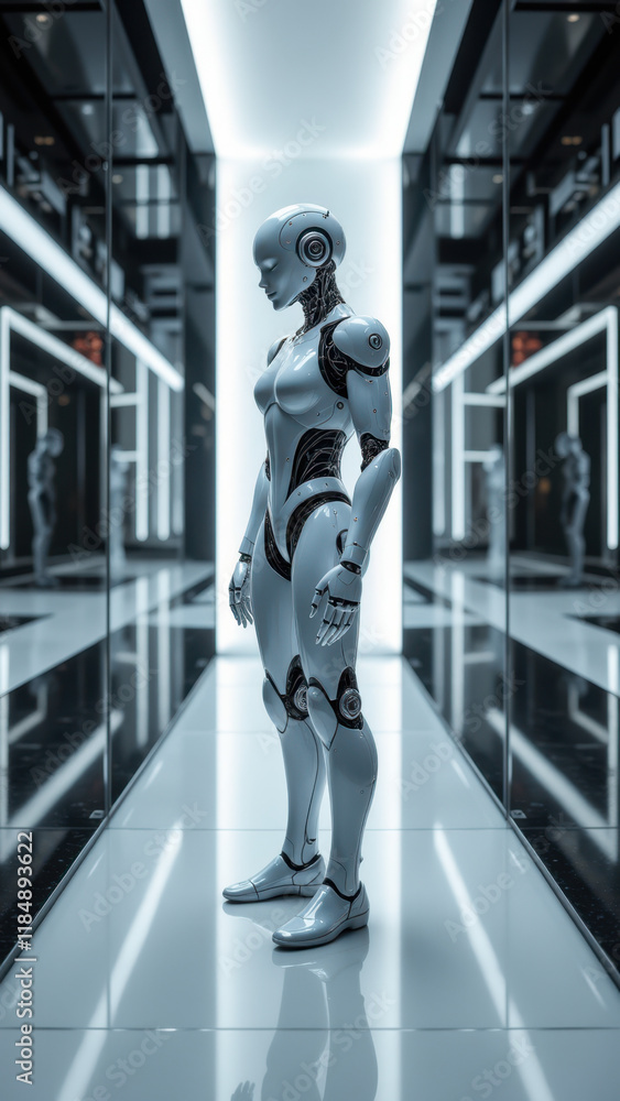 Poster Futuristic AI robot standing alone in high-tech corridor.