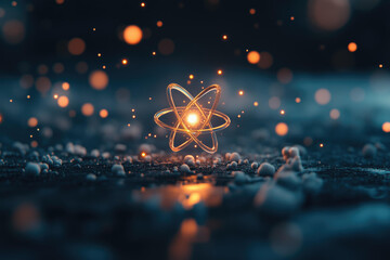 Glowing atomic model with orange particles in a dark space