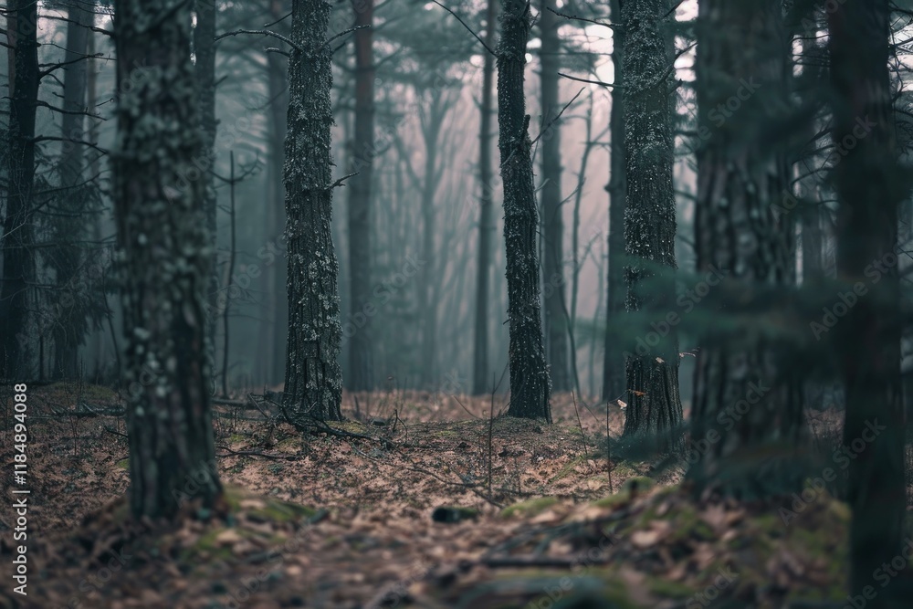Aufkleber fog entering coniferous forest on gloomy day creating mysterious atmosphere