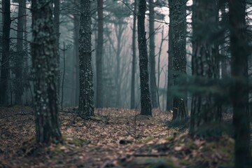 Fototapeta premium Fog entering coniferous forest on gloomy day creating mysterious atmosphere