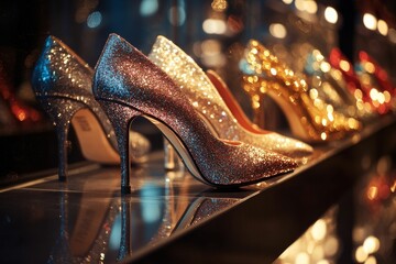 Sparkly high heels displayed; glamorous footwear.