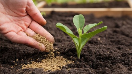 A close-up of a hand adding soil around a young green plant, symbolizing growth and nurturing in a garden setting.