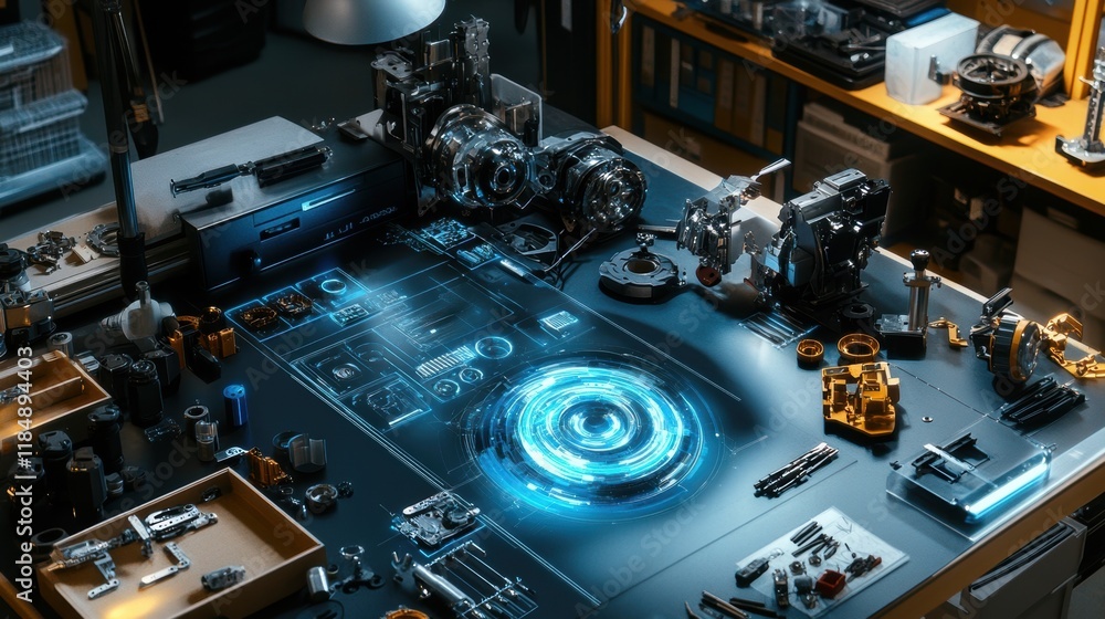 Poster holographic projections displaying technical schematics guide the assembly of complex machinery in a