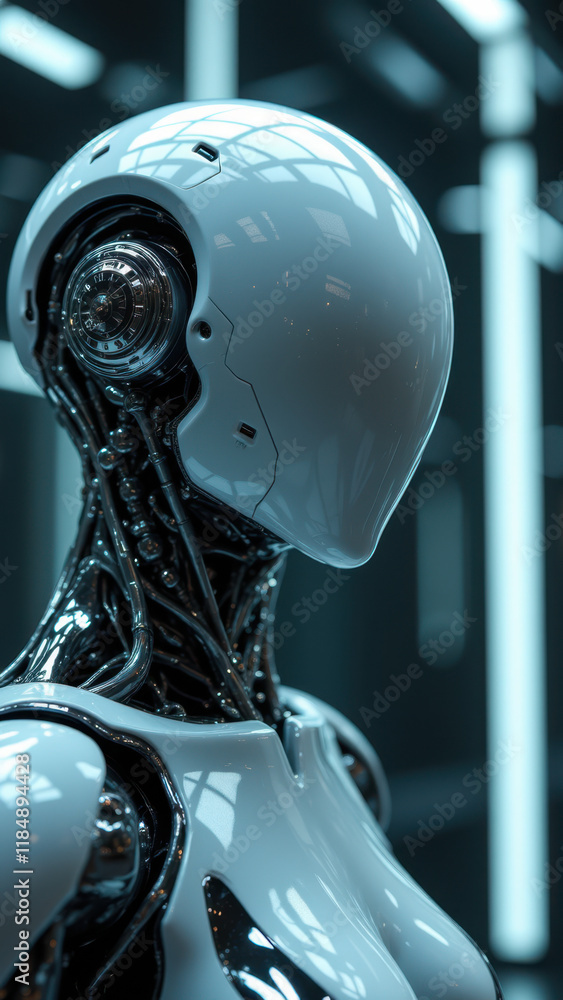 Poster futuristic robot with humanoid appearance, showcasing advanced technology and artificial intelligenc