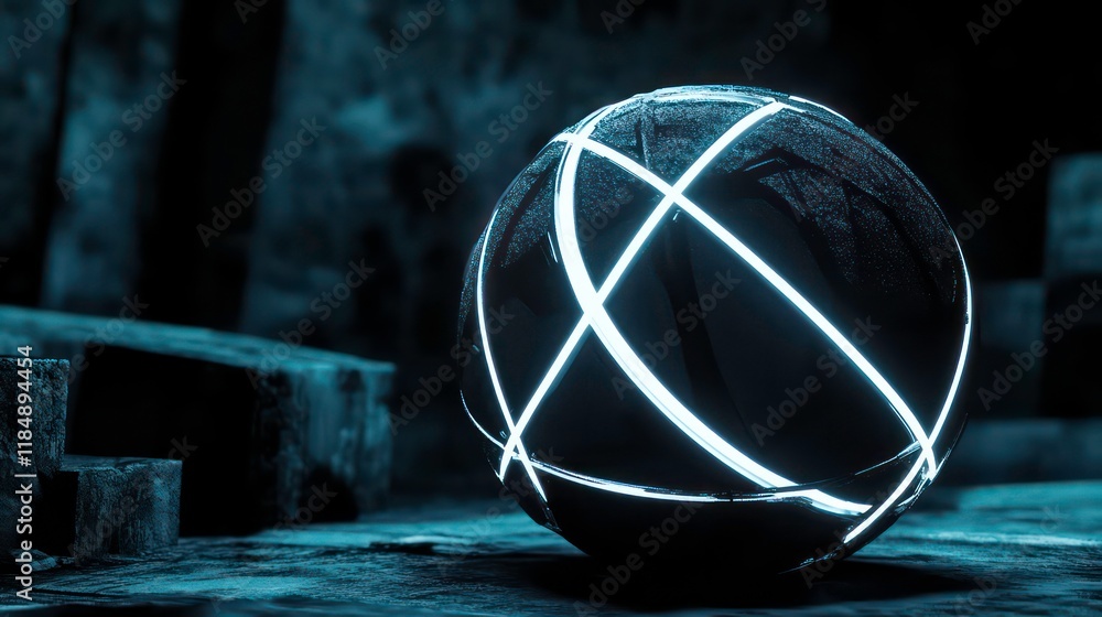 Poster Glowing sphere with lines resting on dark surface.