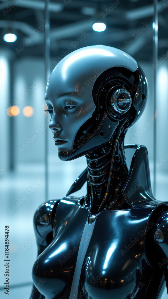 Poster a human-like ai robot displayed in an industrial setting.