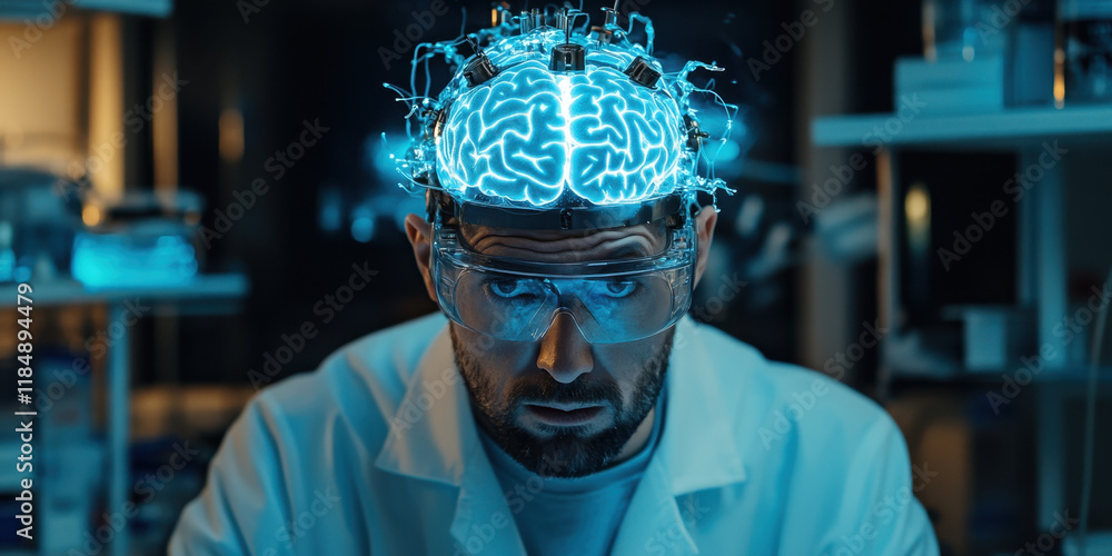 Poster a scientist in a lab coat focuses intently on a glowing brain model connected to electrodes. the bac