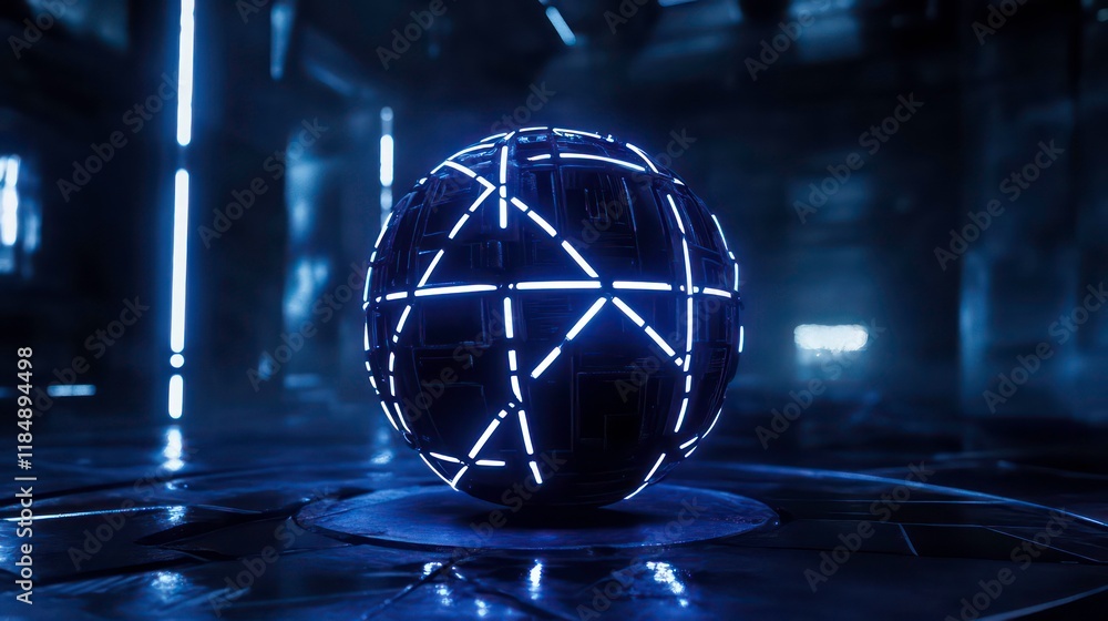 Poster glowing sphere with geometric lines in a dark futuristic room.
