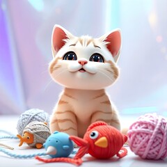 Fototapeta premium Adorable Kitten with Yarn Balls Toys Cute Pet Wallpaper