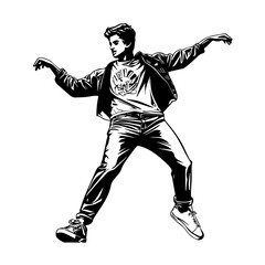 Naklejka premium Silhouette of a young Asian man freestyle dancing at a wedding, wearing a stylish modern outfit like a graphic T-shirt, skinny jeans, and sneakers, full-body view from head to toe, solid black