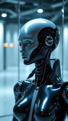 Naklejka premium A human-like AI robot displayed in an industrial setting.