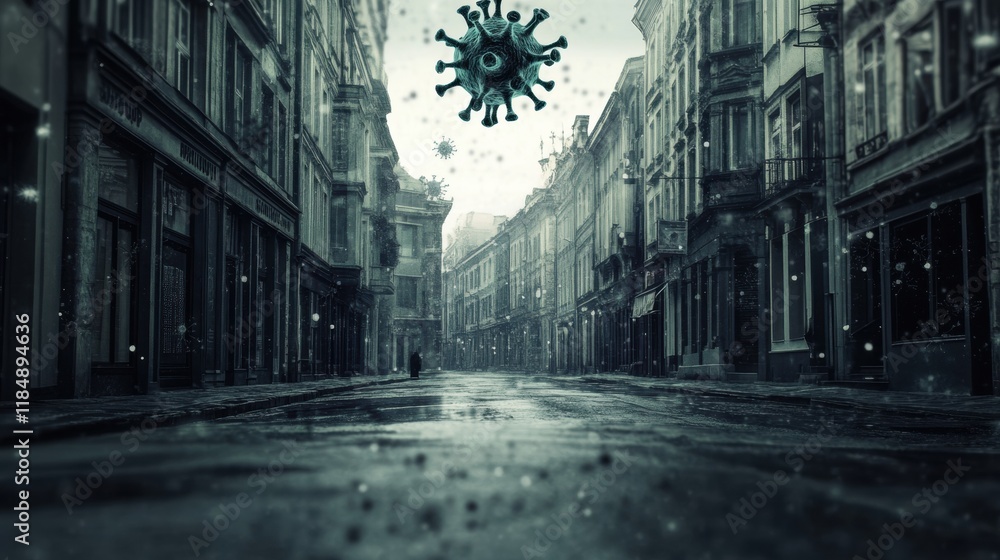 Aufkleber Empty urban street featuring a symbolic virus motif, capturing a surreal atmosphere of solitude and stillness in the city. Generative AI