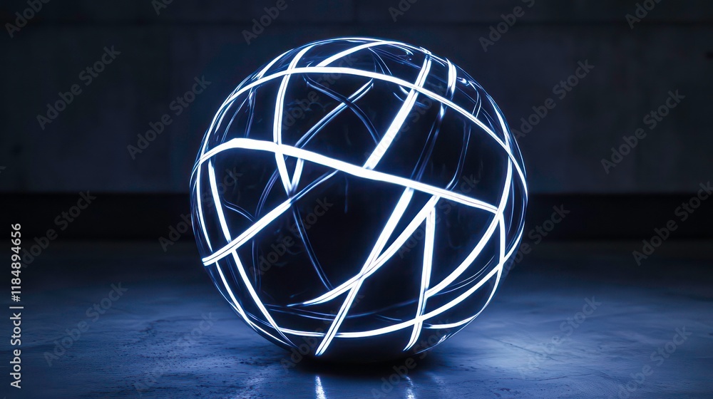Poster Glowing sphere with intersecting lines, dark background.
