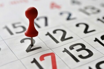 Red push pin marking a specific date on a calendar page, concept of scheduling and planning
