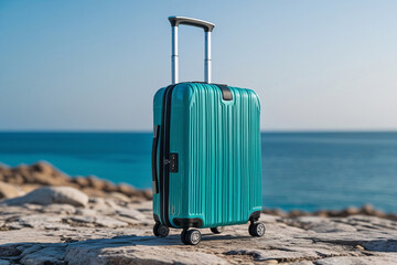 A blue hard-shell suitcase, placed against a serene seascape, creating a calm and adventurous atmosphere for travel and exploration