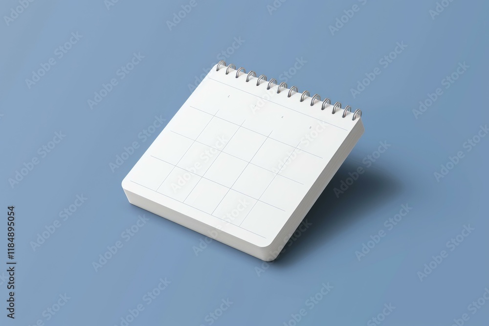 Poster blank page of a desktop calendar resting on a simple blue background, representing planning and sche