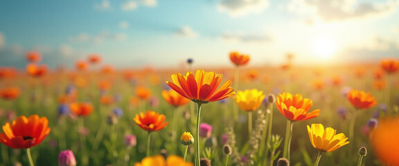 Naklejka premium Vibrant Wildflowers Blooming in a Sunlit Prairie at Sunset Conveying a Feeling of Joy and Serenity
